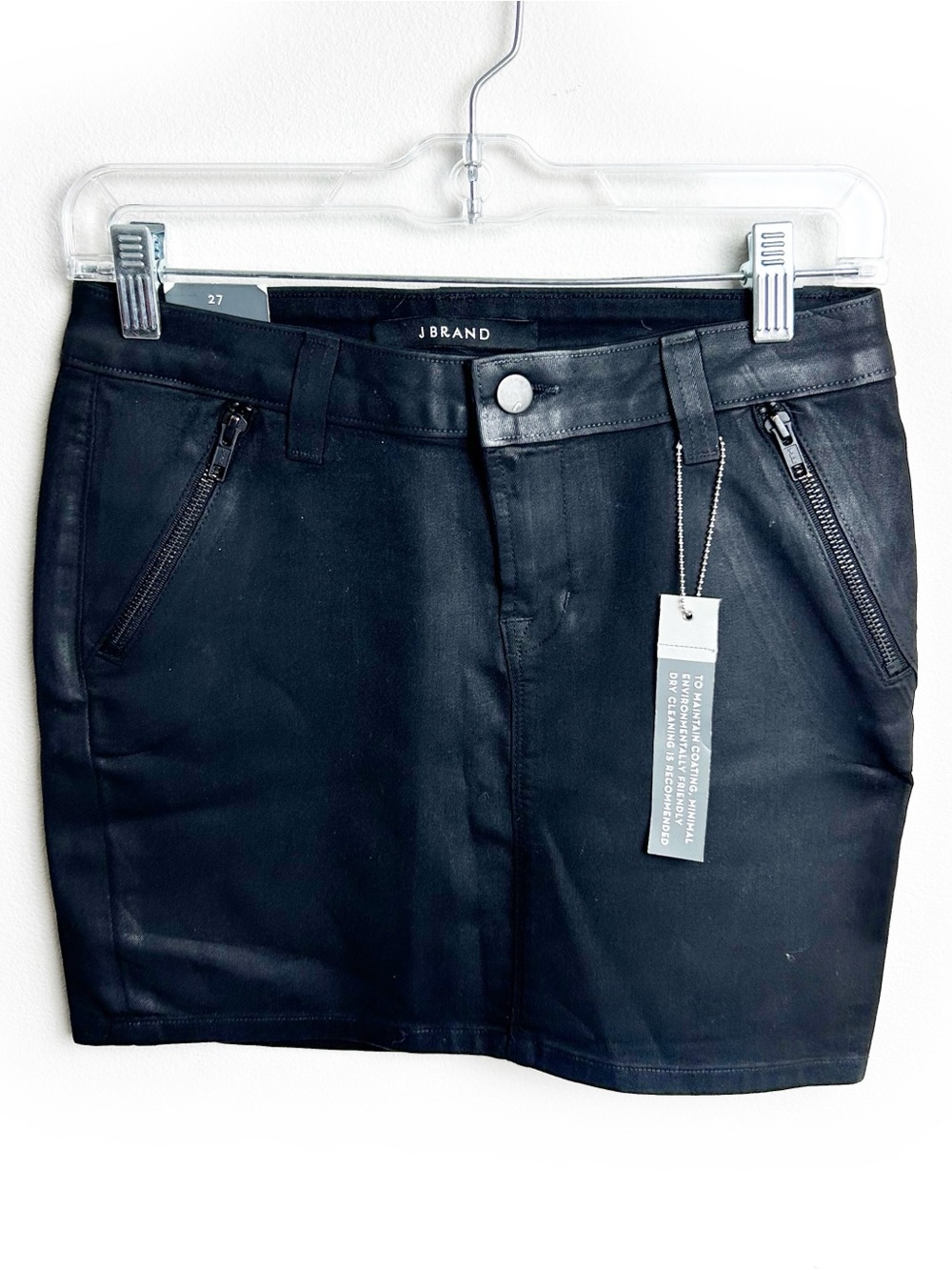 J Brand Nikko Zip Mini Skirt Black Coated Denim Size 27